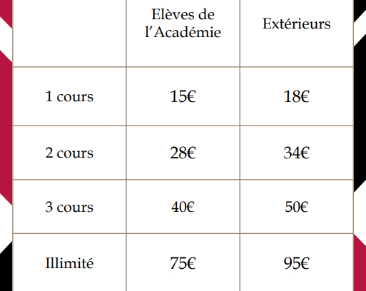 Tarifs du stage